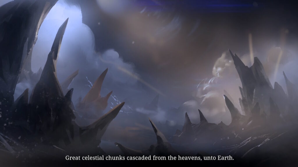 Shows the context with celestial chunks of rock descending upon the Earth