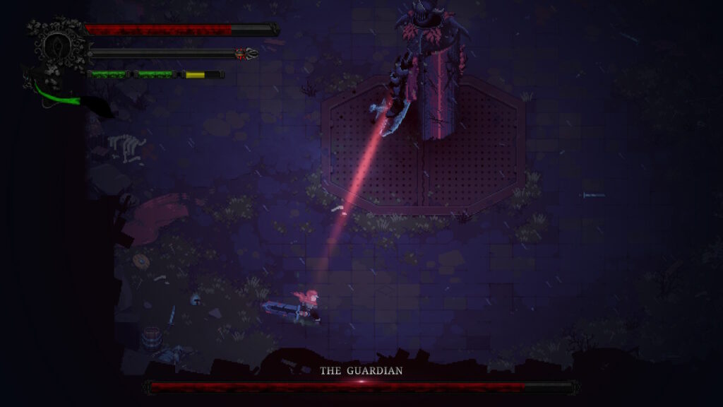 massive armored figure with a red line pointed directly at the player