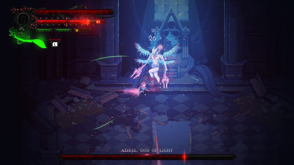 fighting azikel, the god of light. his luminous white body wielding two red scepters