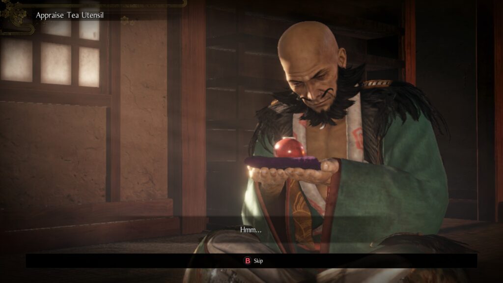 A male character is seated on the right side of the screen, he is looking intently at a tea vessel on a cloth in his hands