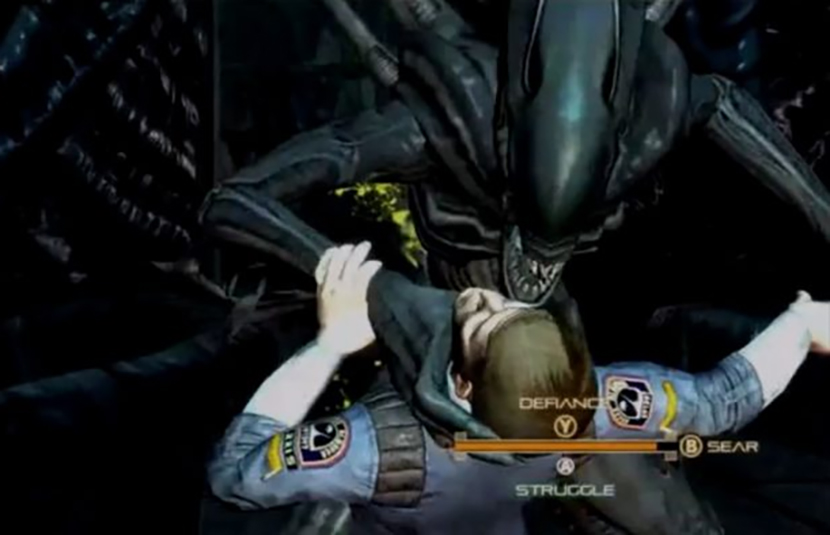The player character is grabbed by a xenomorph, and is presented with three options for escape.