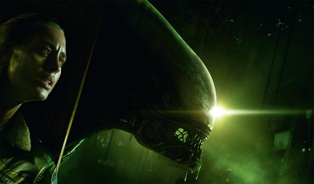 The cover art for Alien: Isolation. The main character hides against a wall, where on the other side the head of the xenomorph creeps out.