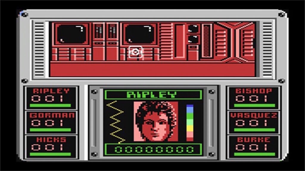 An old-school video game UI of Aliens: The Computer Game, which shows an 8-bit sci-fi hallway, character portrait, and the names and health of several squad members.
