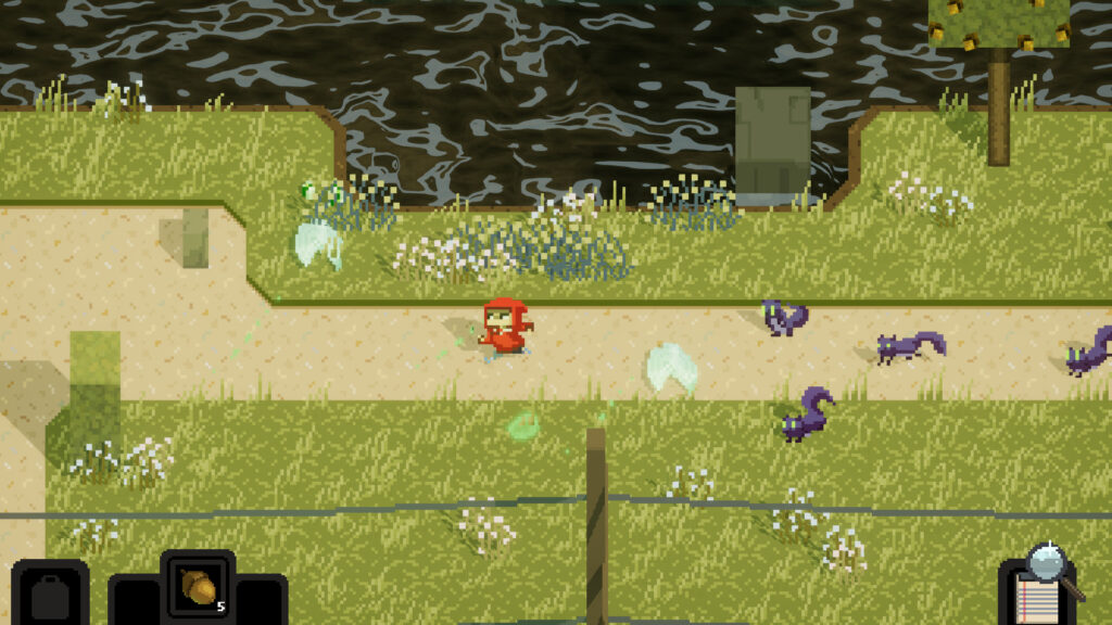 The main character, Jack, running along a path away from a group of angry squirrels