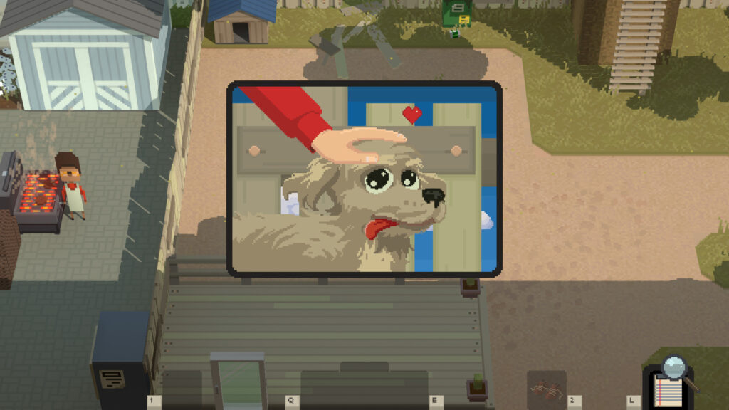 A pixel art dog being petted