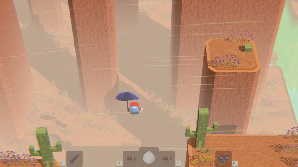 A character with an umbrella in a canyon environment