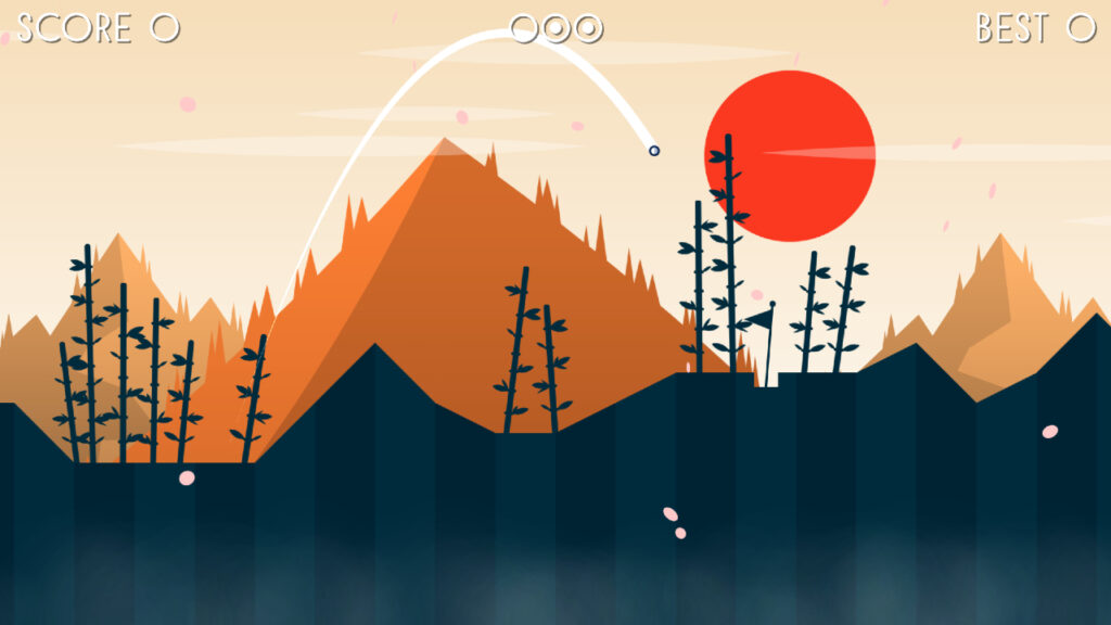 A bamboo foreground with the ball arcing at the top of the screen towards the hole, and an orange mountainous background with a big red sun