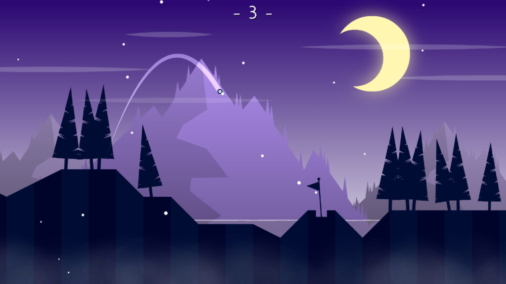 A dark forest foreground with the golf ball arcing towards the flag, and a mountainous purple background with a violet sky and crescent moon