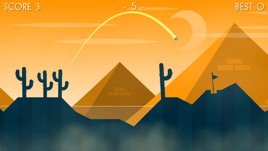 A cactus foreground with the golf ball arcing towards the flag, with an orange night sky and pyramids in the background.