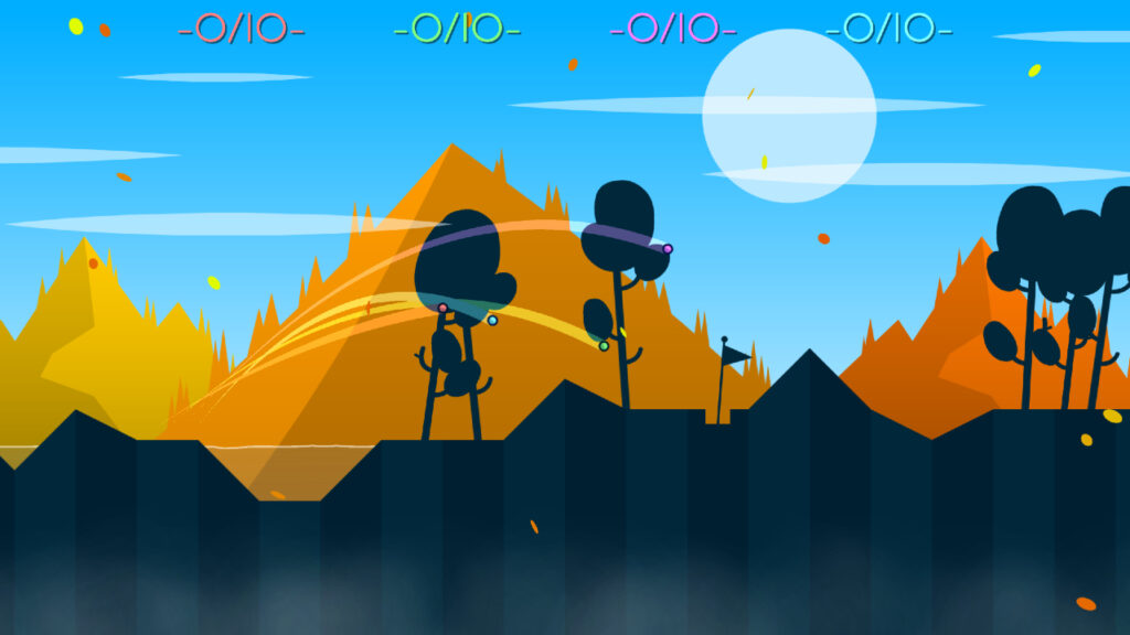 4 balls flying towards the flag in a woodland stage, with orange mountains in the background and a blue sky with a fading white sun