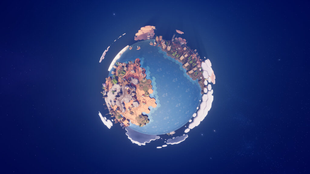 The camera is fixed on an earth-like planet. a couple of landmasses can be seen as well as the small villages on them.