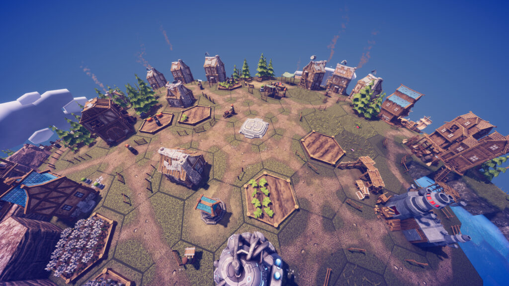 The camera overlooks a small town. A branching network of dirt roads is visible along with small wooden houses, potato farms, and a small well.