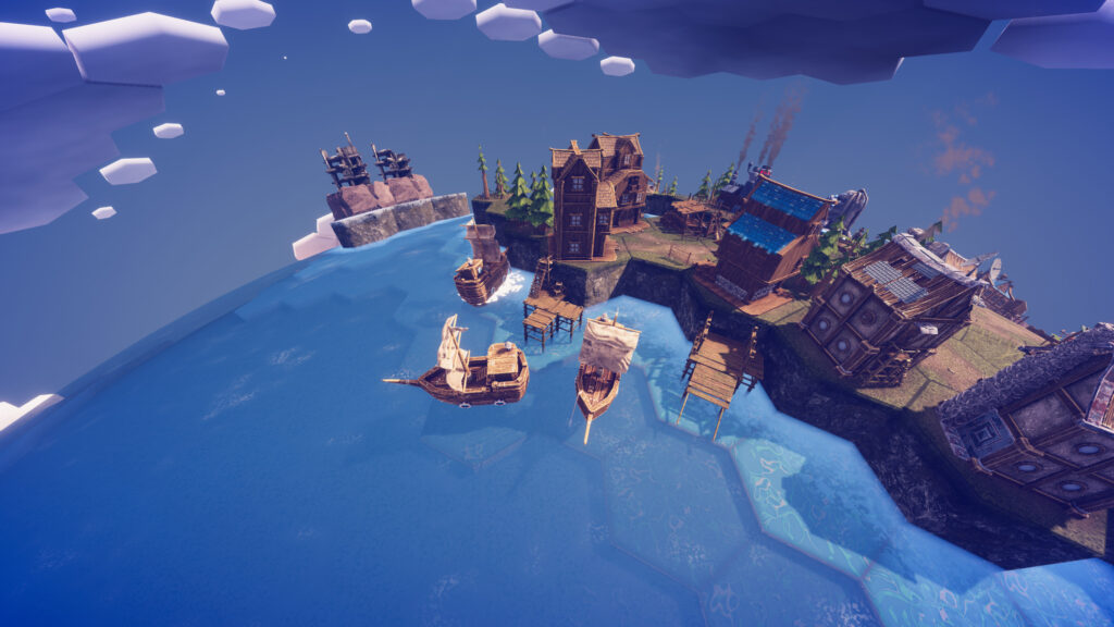 Several wooden ships sit waiting at a small dock by the coast.