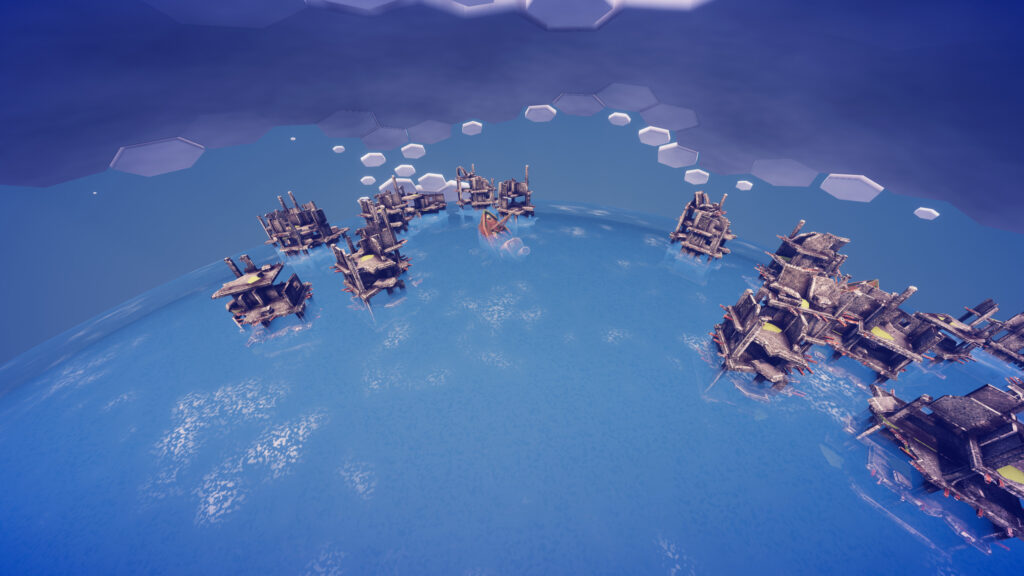 A number of ruined concrete skyscrapers rest submerged in a vast ocean.