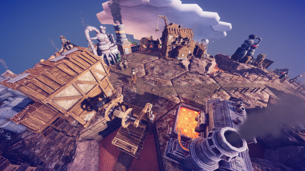 Several steel and industrial buildings sit atop a rocky area of the map. Black smoke emits from the tops of them.