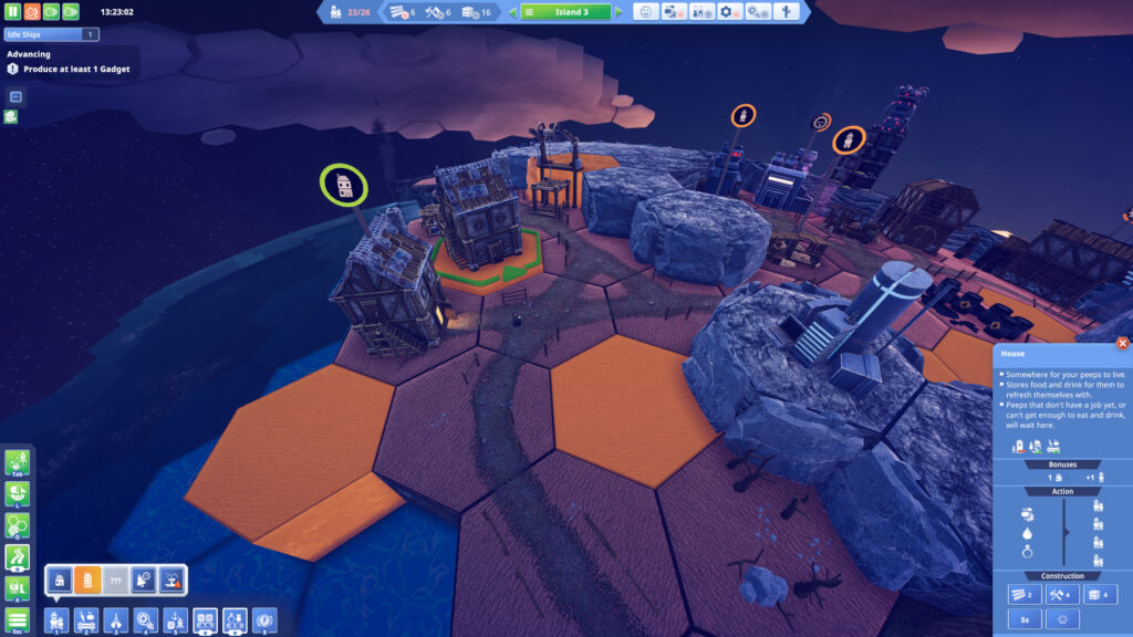 Several hexagonal tiles flash orange, indicating that the player can place a house on them. The player is placing a house on one of the tiles, which also has a green outline indicating the direction of the house.