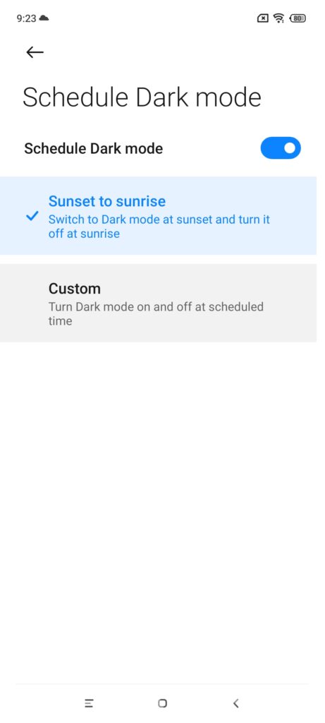 The Redmi Note 10S' dark mode settings, showing the option to schedule it from sunset to sunrise or choose a custom time.