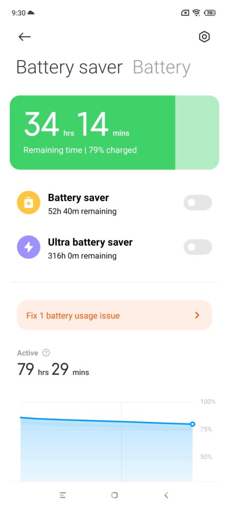 The battery saver settings showing a green bar indicating there is 34 hours and 14 minutes left