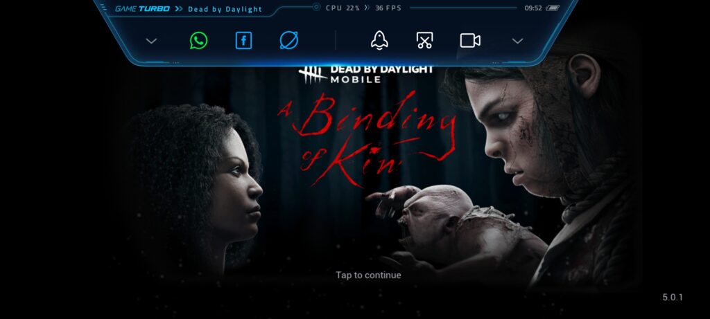 The Dead by Daylight Mobile starting screen with a blue pull down bar showing the Game Turbo features.