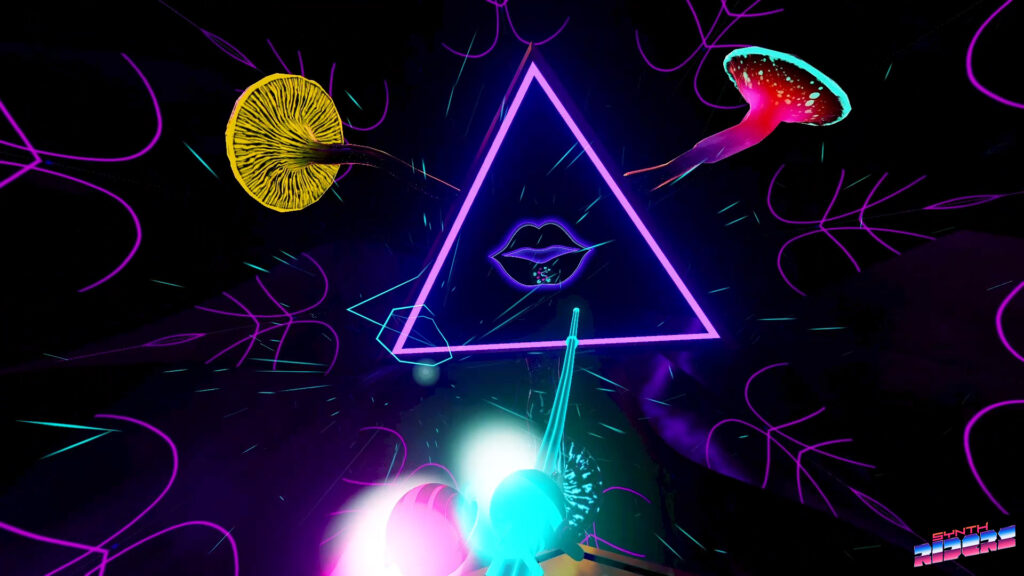 A neon coloured backdrop with three mushrooms surrounding a triangle with lips at its centre
