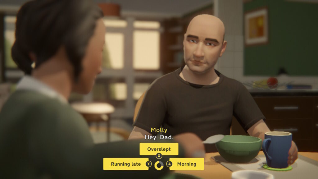 A breakfast table with dialogue options Y: "Running Late X "Overslept" and A "Morning