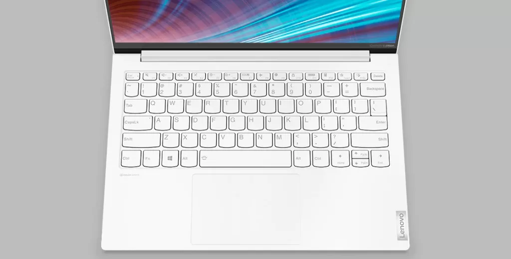 A close up of the Yoga 7i Slim's keyboard from above.