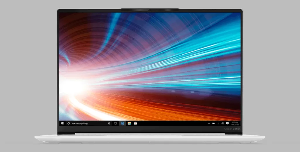 A shot of the Yoga 7i Slim from the very front, focused on its screen, on a grey background.