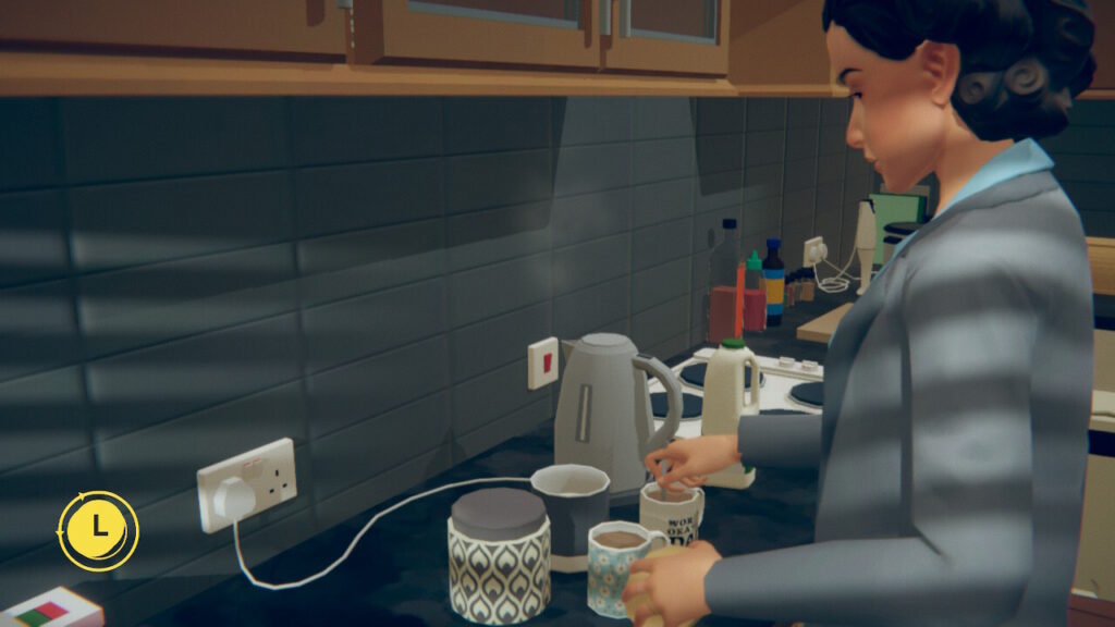 A modern kitchen with two cups of tea and a stirring spoon.