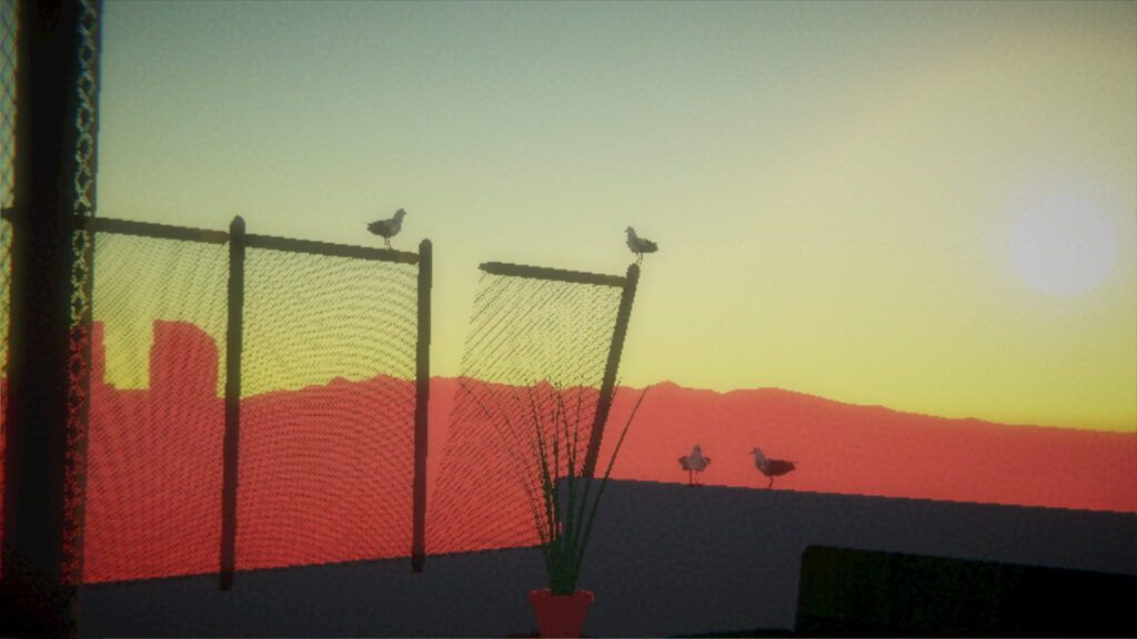 Birds resting with a sunset in the background.