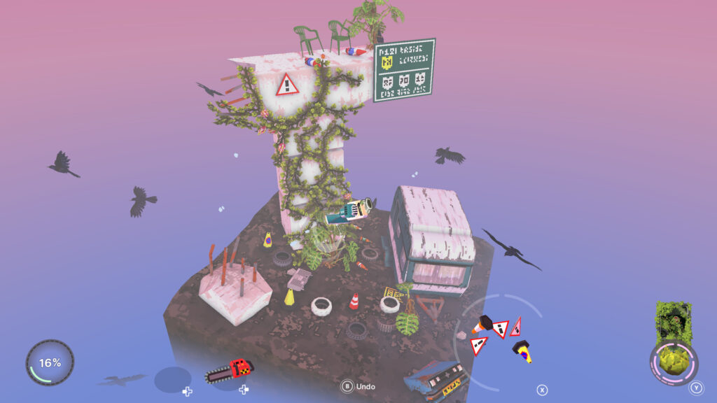 A plot of land floats in a purple pink sky, with plants growing up a section of building and a rusty caravan on the ground.