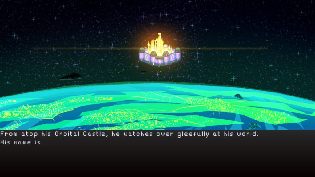 An orbital castle is seen over a green planet