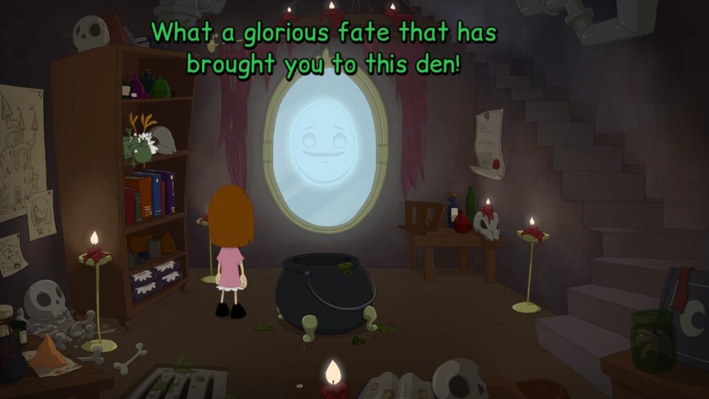 Anna is looking at a mirror on the wall
