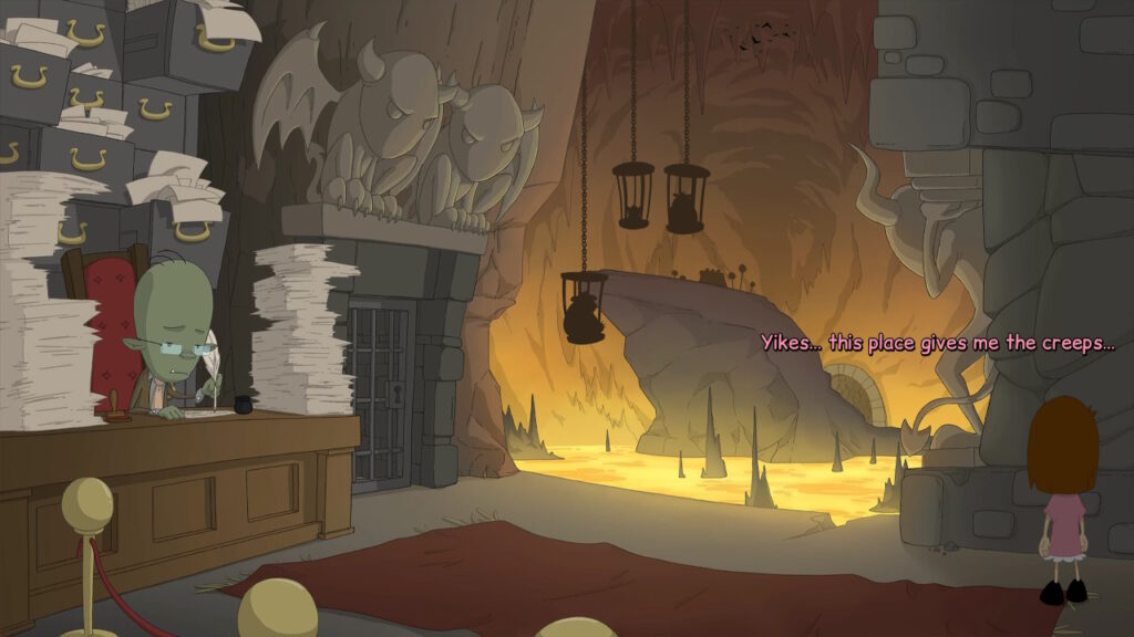 Anna is looking off into the distance at some bears in cages next to a troll working on paperwork