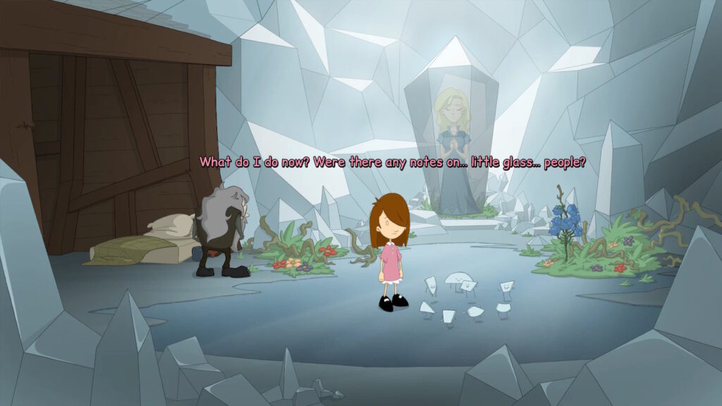 Anna is looking at glass pieces on the ground in front of a lady in a glass tomb