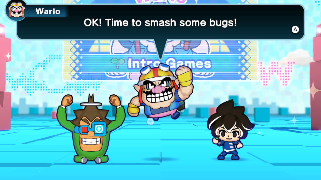 Wario, 18-Volt and Cricket fist pump the air, with Wario's dialogue box saying "OK! Time to smash some bugs!"