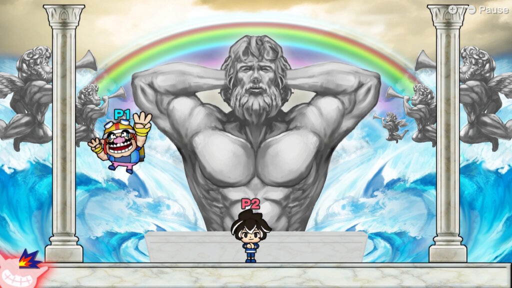 A stone statue flexes his armpits with his arms behind his head, and a rainbow and cherubs behind him.