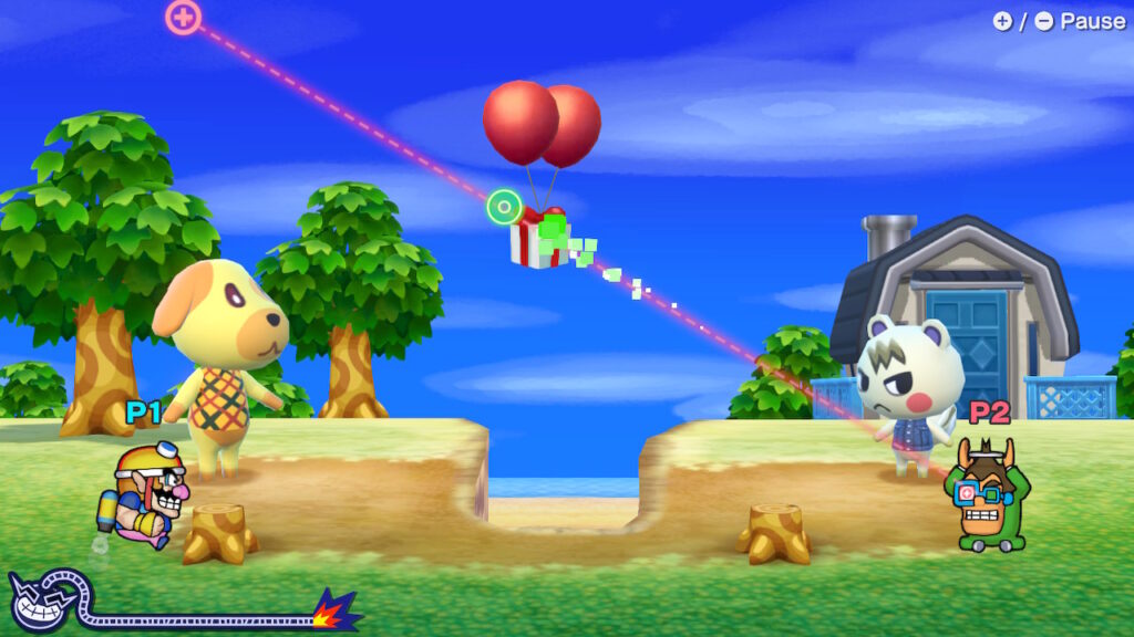 Two villagers from Animal Crossing stand outside and a balloon gift floats between them