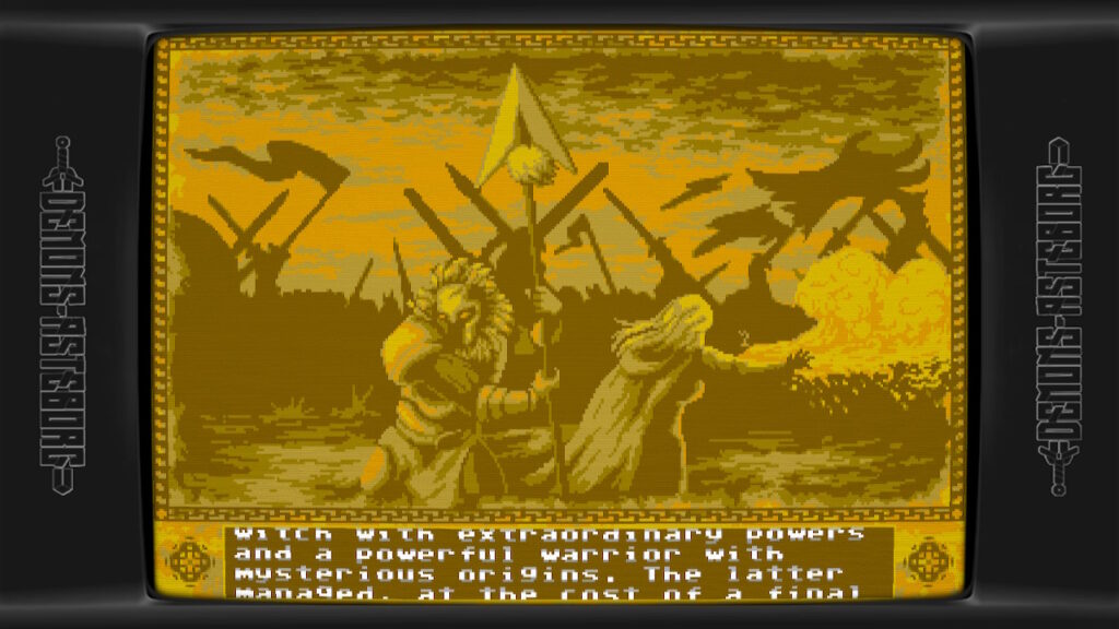 Text describing the plot of the story with two warriors in a yellow tint.