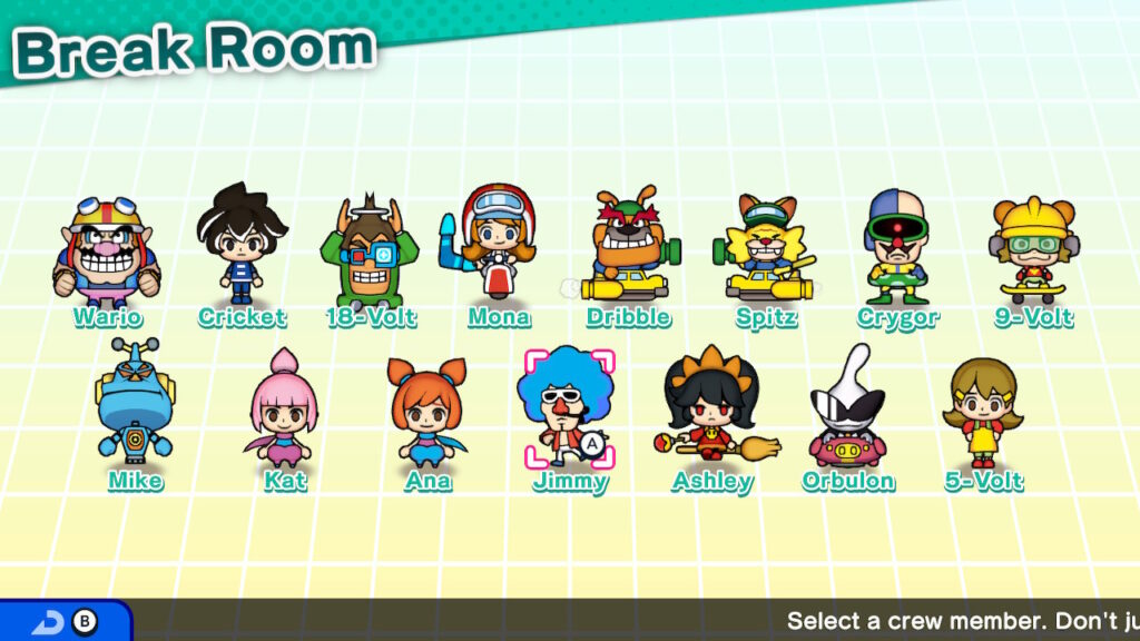 Every playable crew member stand next to each other with their names underneath.