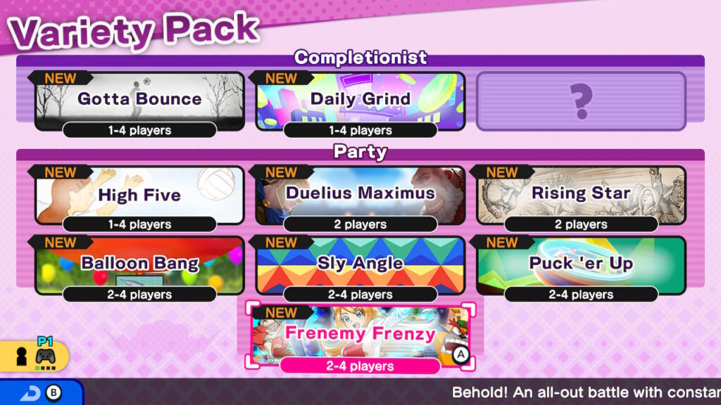 The Variety Pack menu which shows the Completionist and Party games