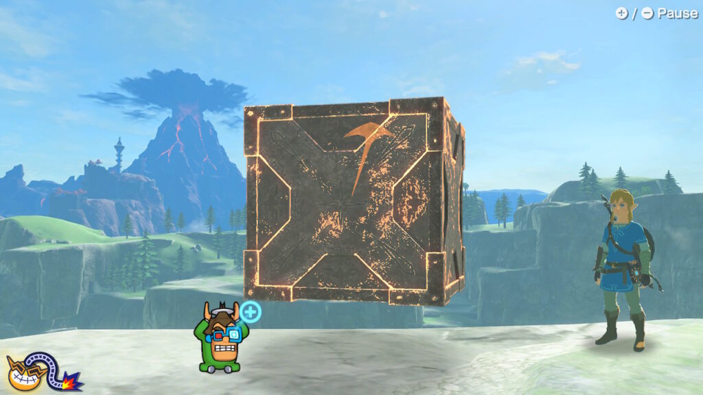 Breath of the Wild Link stands next to a giant floating metal cube
