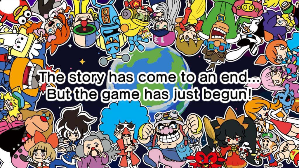 All the crew members surround the edge of the screen, with 'the story has come to an end...but the game has just begun!' in the center