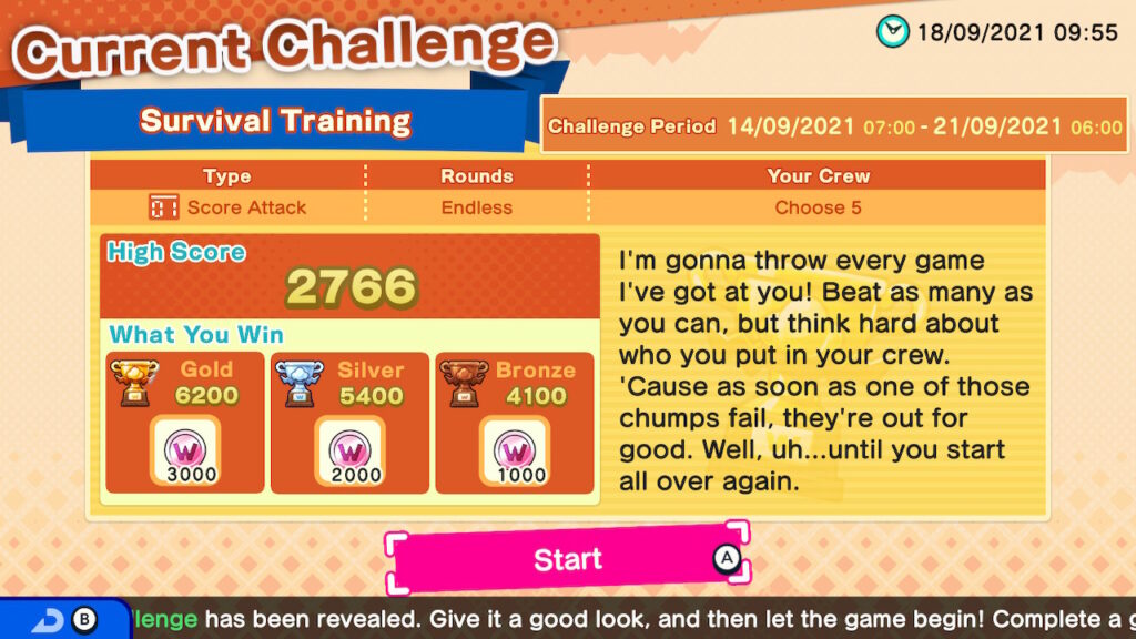 The current challenge on the Wario Cup, showing the prizes and challenge period