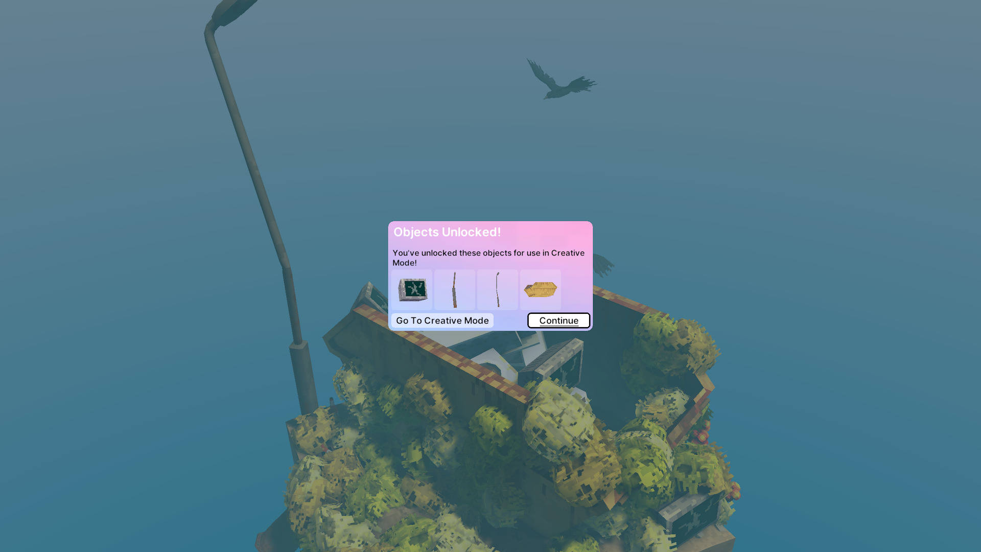 A pink dialogue box lists the new items I have unlocked for the creative mode, including a smashed TV.