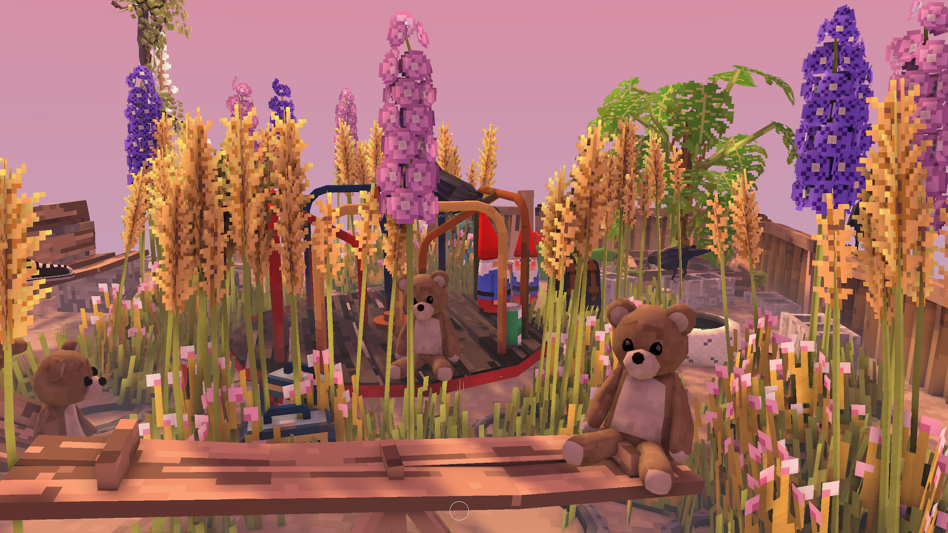 Grass grows over a roundabout in an abandoned park, with teddies and gnomes scattered throughout.