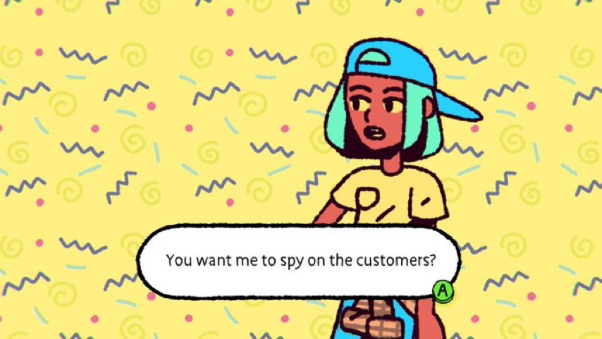 Ali stands against a yellow background with swirls and squiggles on, asking “you want me to spy on the customers?”