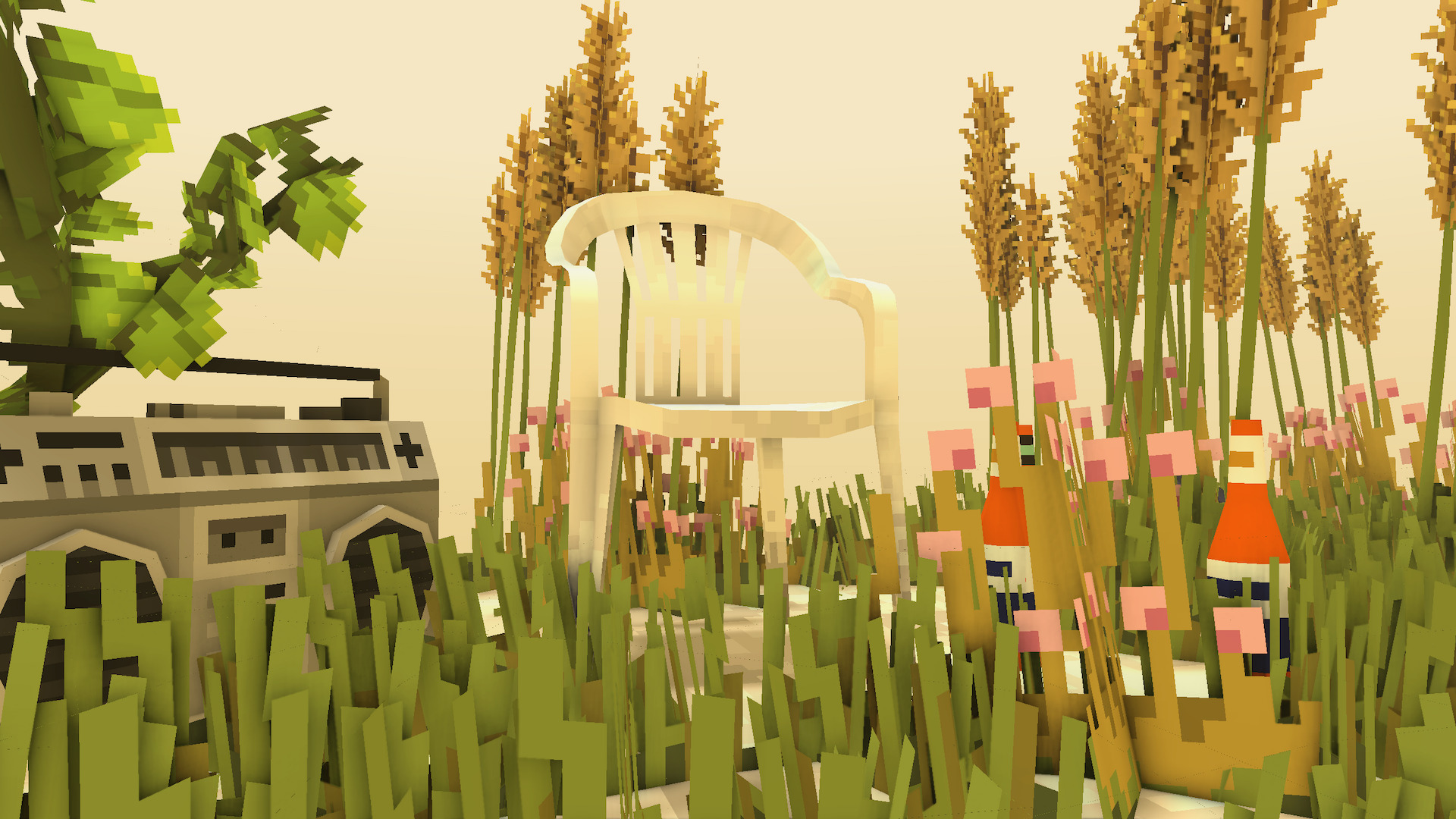 A plastic lawn chair is overgrown by grass, with bottles of beer and a radio next to it, with a yellow sky.