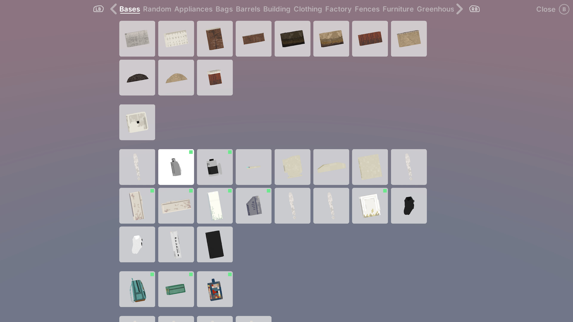 A catalogue showing the items I have and haven't unlocked for creative mode, in a row of squares.