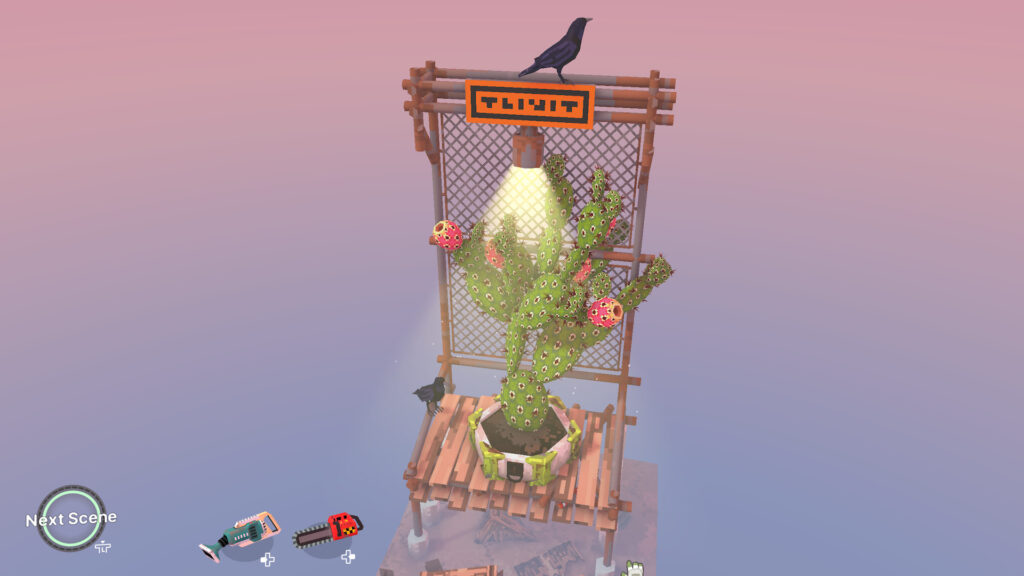 A cactus grows high out of a planter in front of a wired fence, where a crow sits proudly on top of.