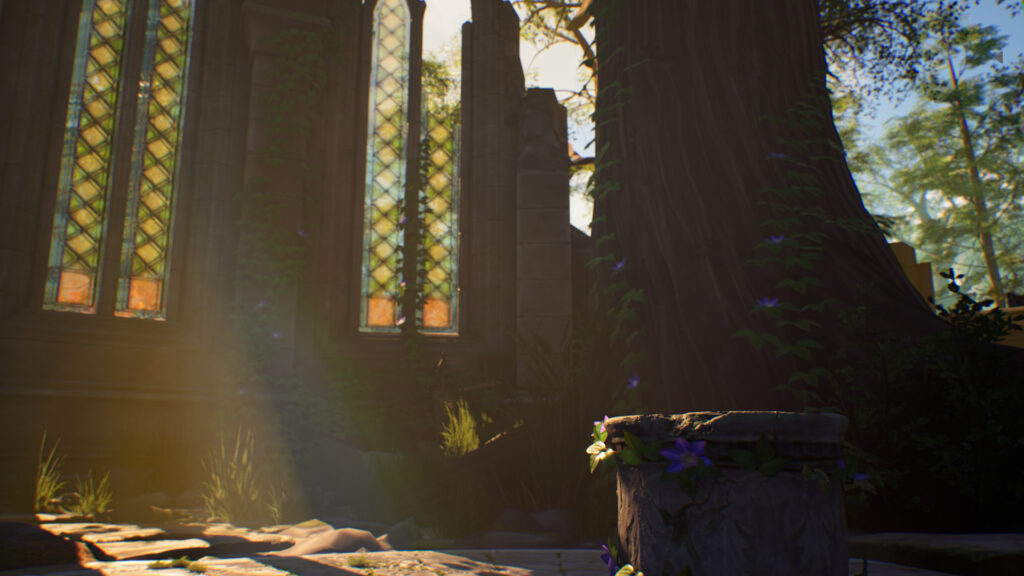 Sunlight streams through stained glass windows of a ruined castle.
